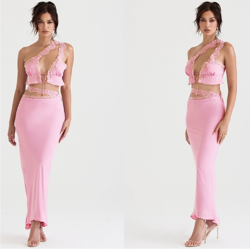 Chic Pink Lace Trim Two-Piece Set